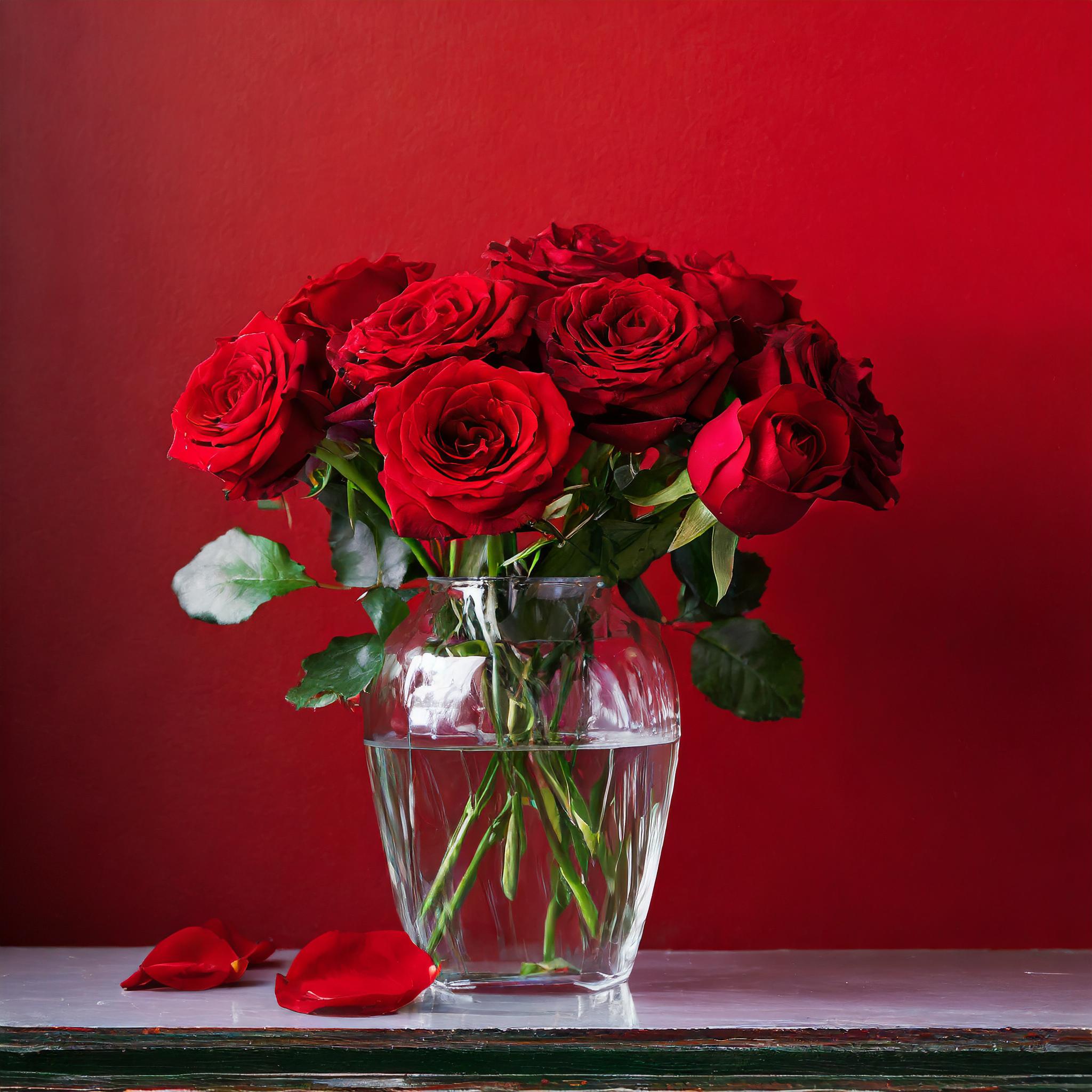 Firefly a glass vase with red roses in front of a red wall 99541